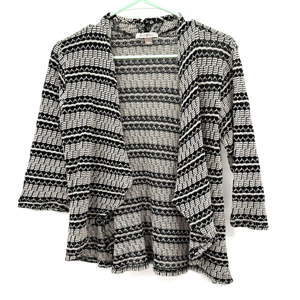 Roz & Ali Size‎ Medium Sweater Black & White Loose Knit 3/4 Sleeve Open Front